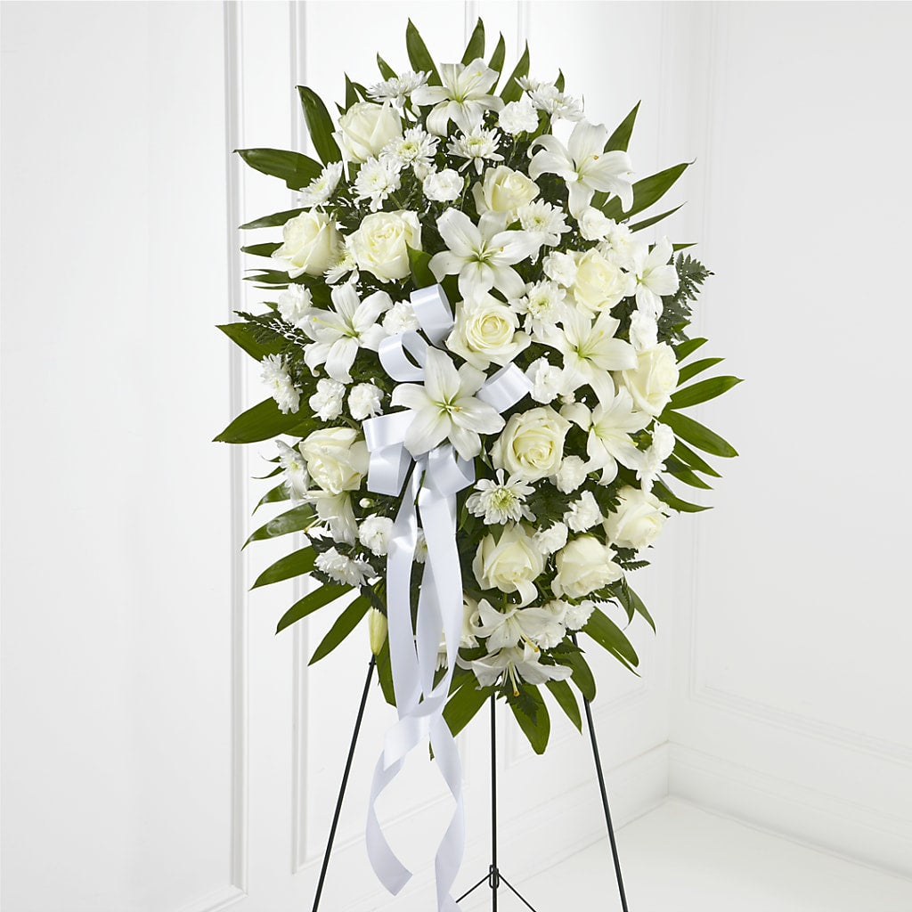 Exquisite Tribute Standing Spray-White Ribbon – Flowers The Bouquet Of Roses, Tampa FL