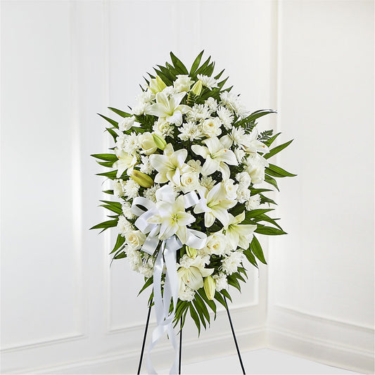 Exquisite Tribute Standing Spray-White Ribbon – Flowers The Bouquet Of Roses, Tampa FL