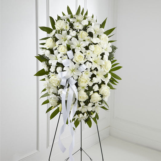 Exquisite Tribute Standing Spray-White Ribbon –  Flowers The Bouquet Of Roses, Tampa FL